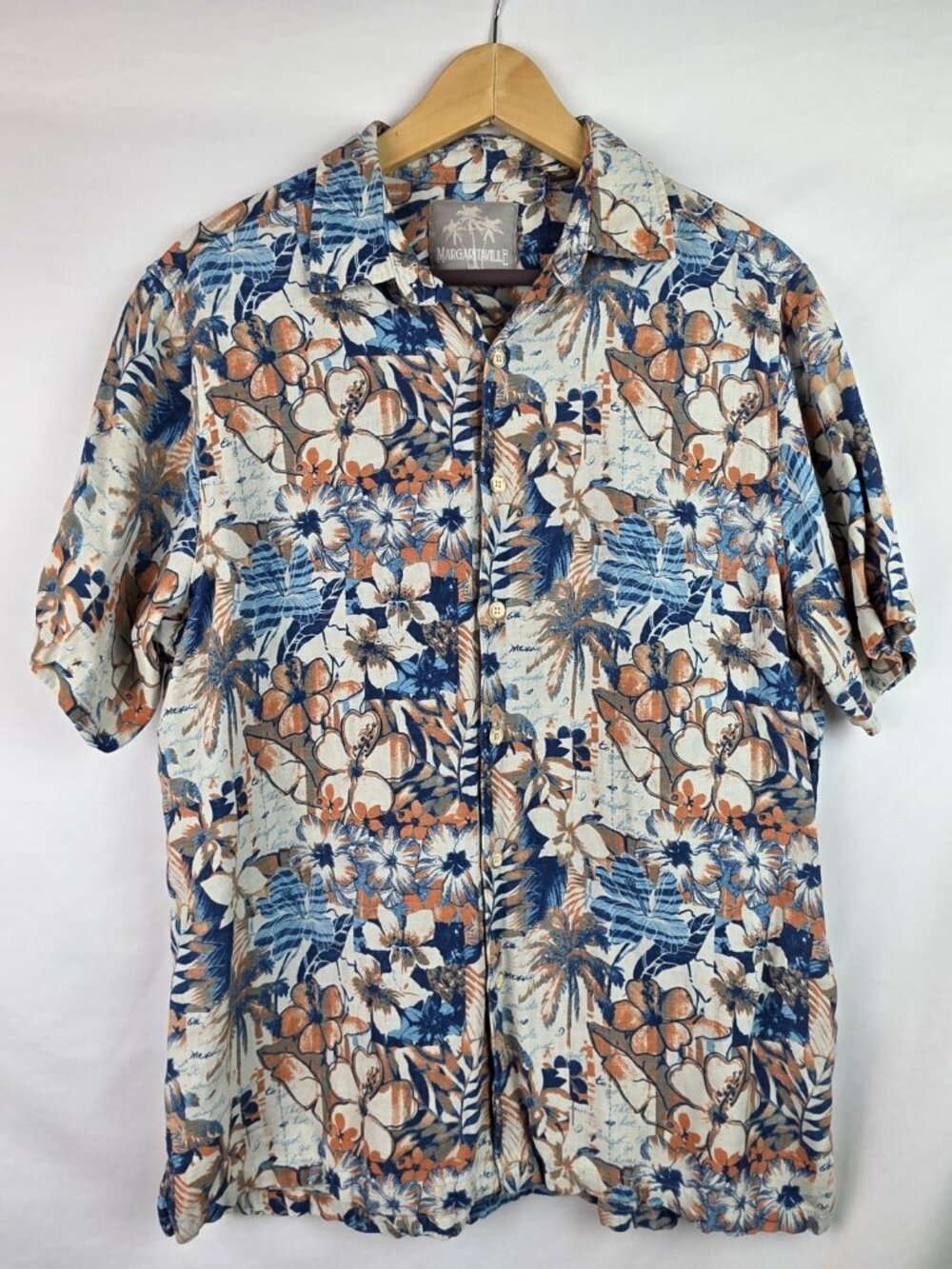Margaritaville Mens Hawaiian Shirt Size Large Orange Silk Linen Short Sleeve Top
